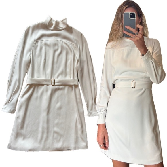 Judith and Charles White Long Sleeve Mock Neck Belted Bridal Holiday Mini Dress - Picture 1 of 16